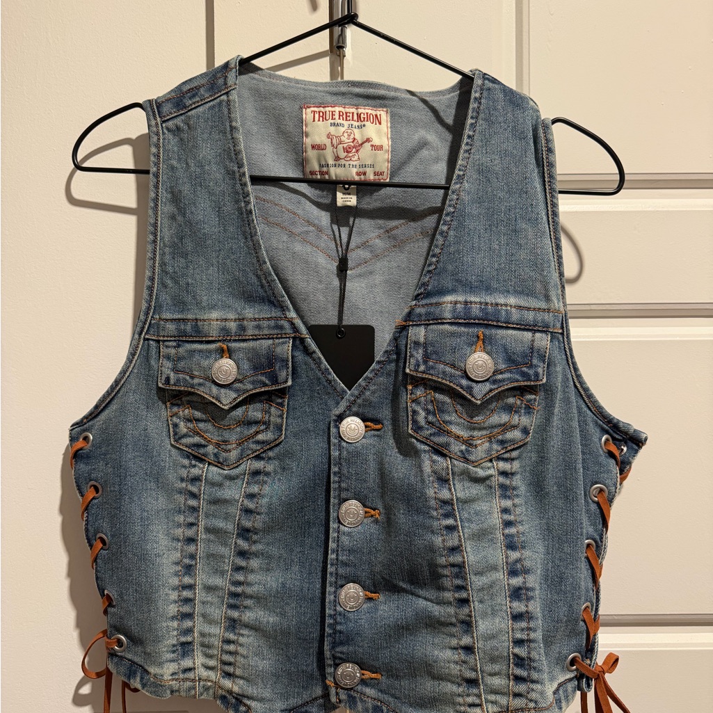 True Religion Distressed Denim Vest With Lace-Up Sides - Blue Wash
